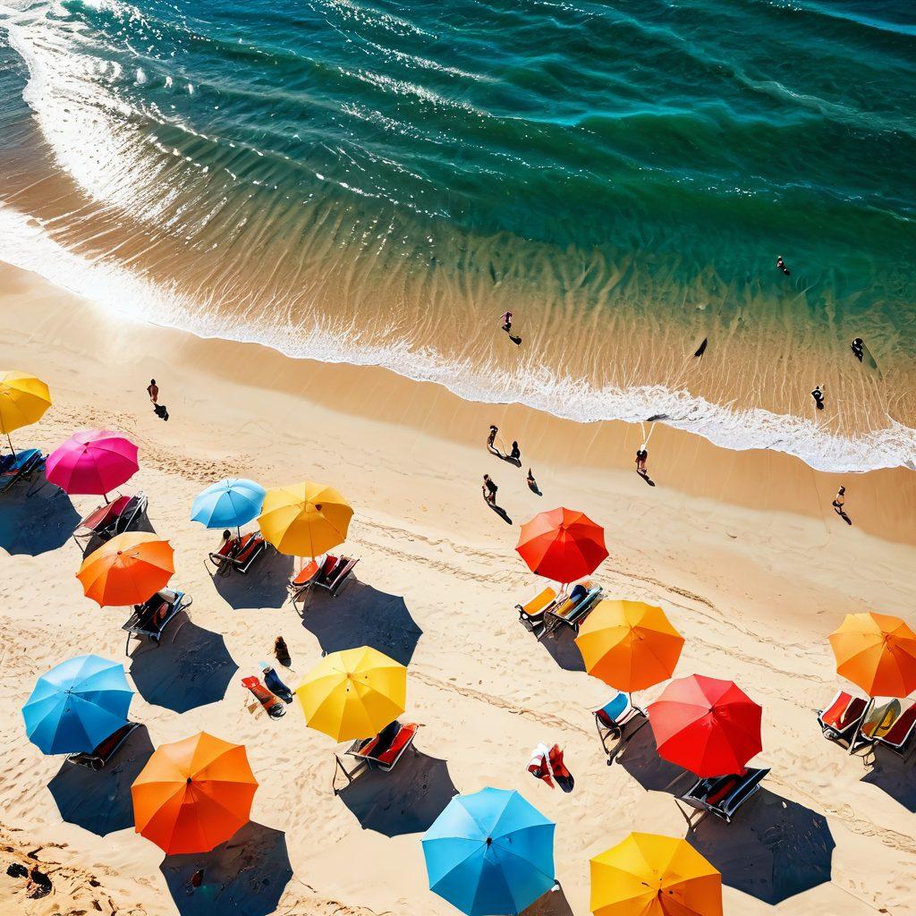 A lively beach scene showcasing diverse individuals in stylish beach outfits, confidently embracing their body types. Include colorful umbrellas, playful waves, and sun-soaked sand while highlighting a variety of swimsuits, cover-ups, and beach accessories. The atmosphere should evoke joy and inclusivity, capturing the essence of summer fun. super-realistic. vibrant colors. warm sunlight.