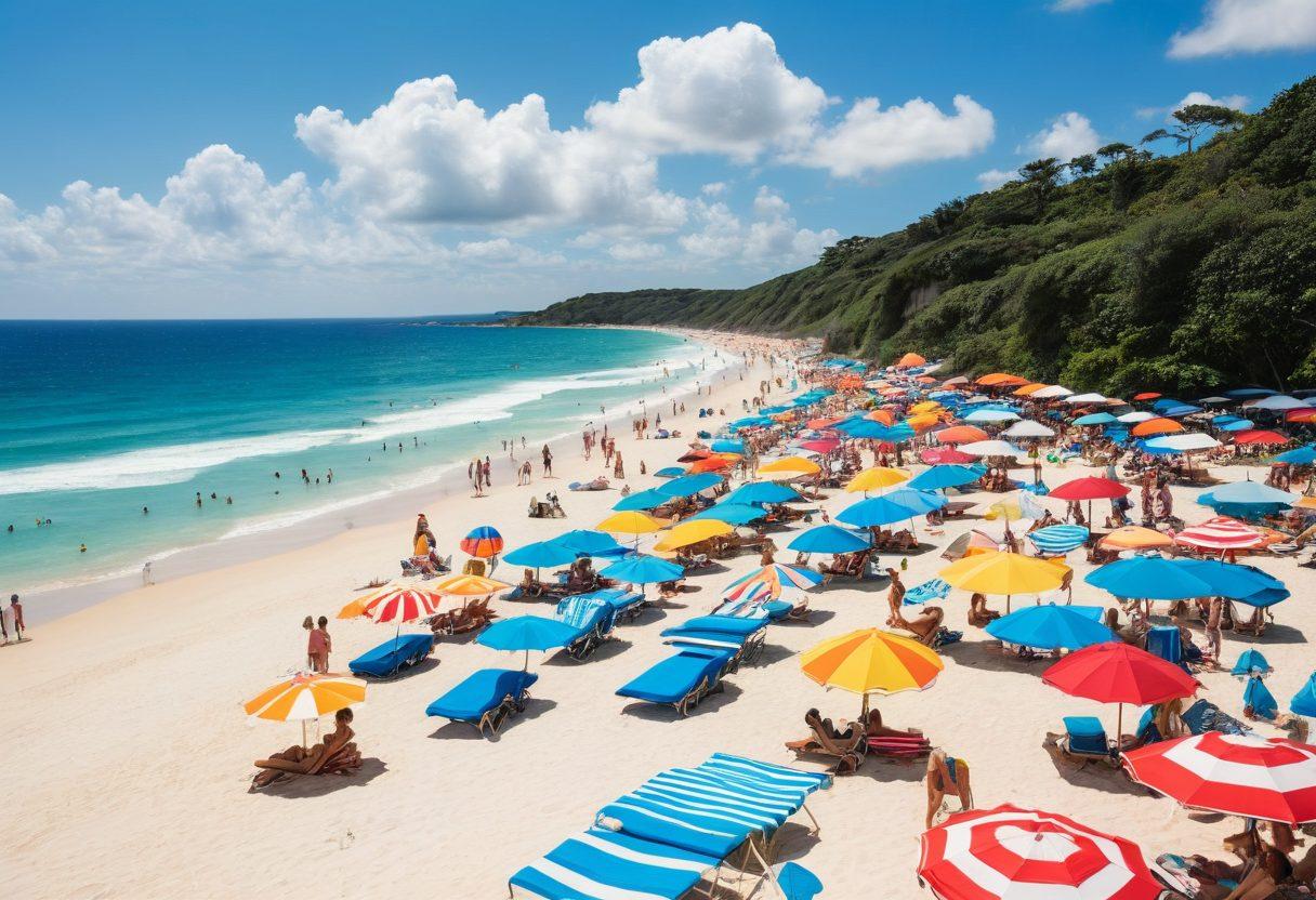 A stylish beach scene showcasing a vibrant array of summer swimwear, featuring bold patterns and breezy fabrics. Include sunbathers lounging under colorful umbrellas, a glistening ocean in the background, and playful beach activity such as frisbees and paddleboarding. Capture a sunny sky with fluffy clouds to enhance the summer vibe. Illustrate a mix of swimwear styles for diversity. bright colors. 3D.